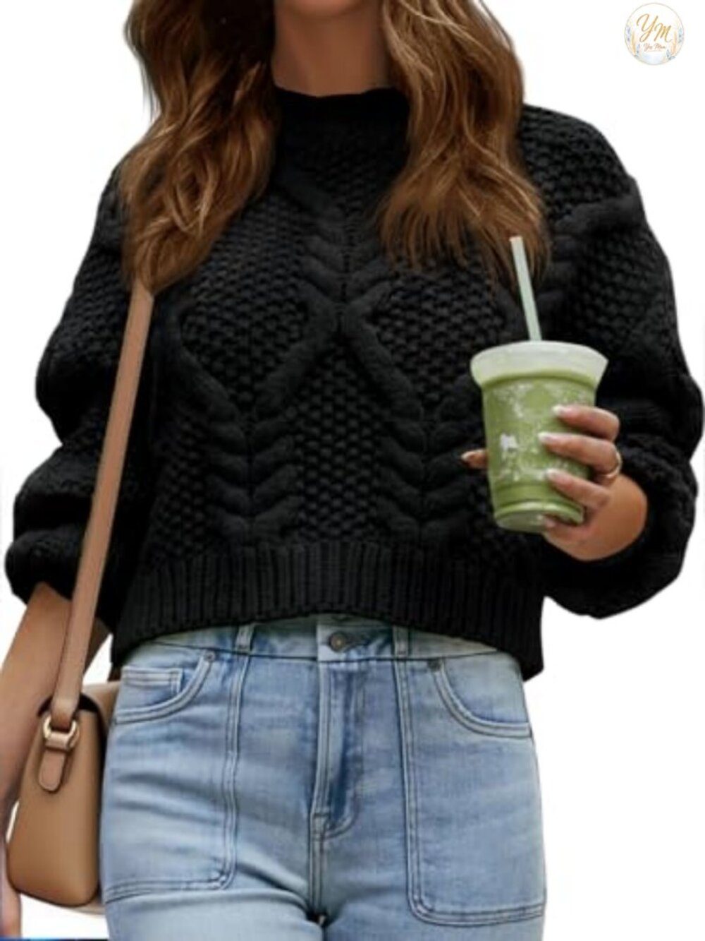 Cable Knit Cropped Chunky Sweater Puff Long Sleeve Crewneck Loose Pullover